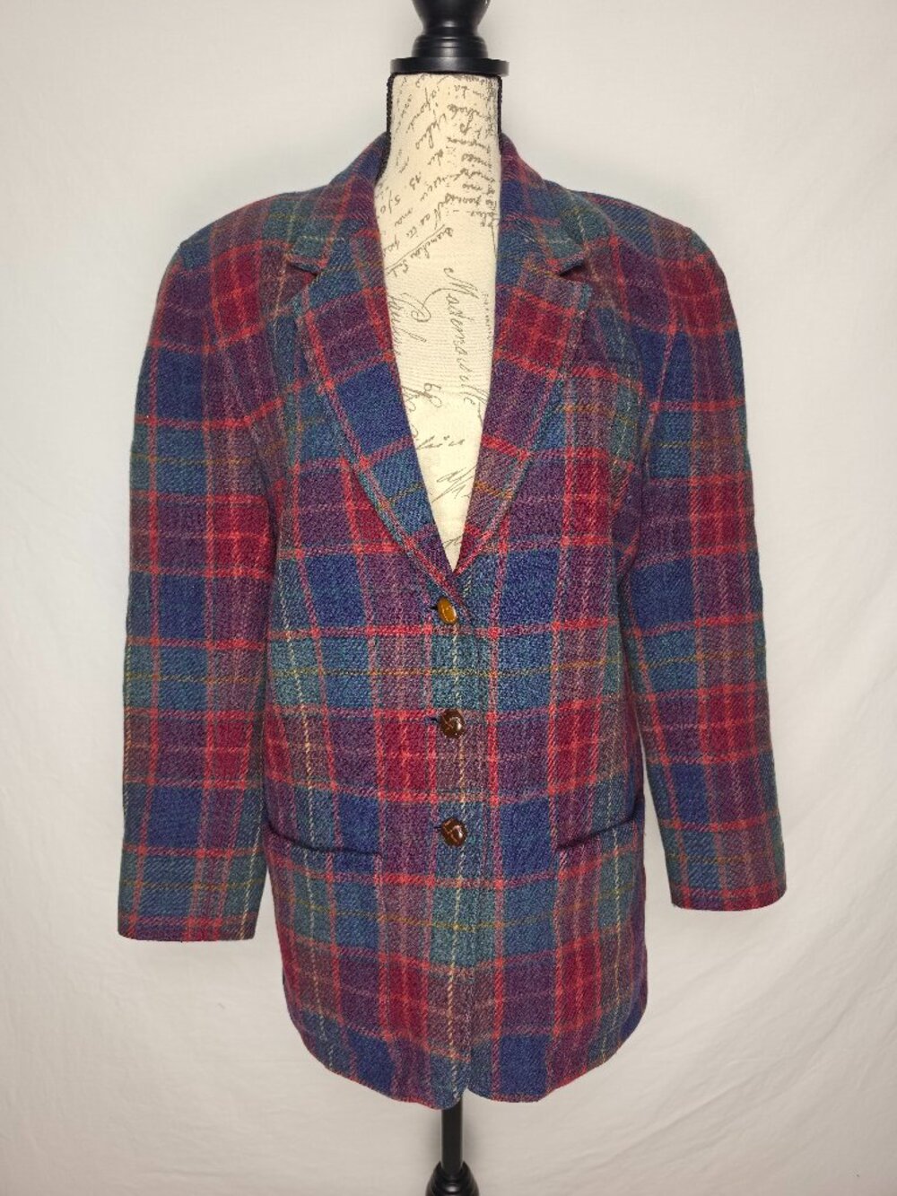 Vintage Liz Sport Plaid 100% Wool Blazer Blue Red Green Womens 8